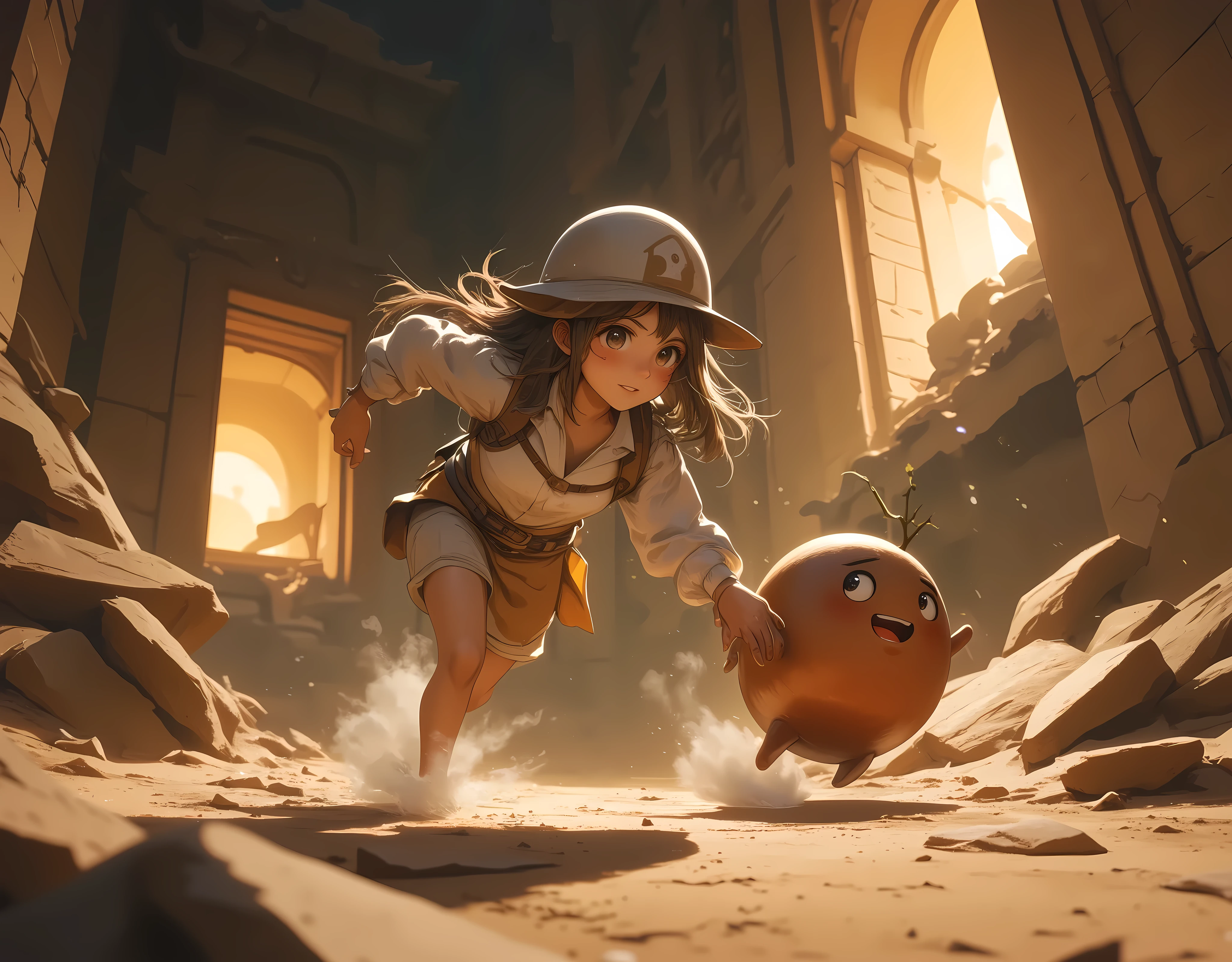 ancient ruins, 1girl, Adventurer Girl,  cute daikon wearing a helmet,  run through the maze holding hands, The ground is falling down :1.3, The collapse of the ceiling:1.3, Desperate look, dash, sweat, I&#39;m nervous, ２d illustration,  expresses a sense of speed, Indiana Jones,  comical , Torchlight on the wall ,  beautiful light source, ((anatomically correct, UHD, masterpiece, textured skin, high details, best quality,  highres icon))