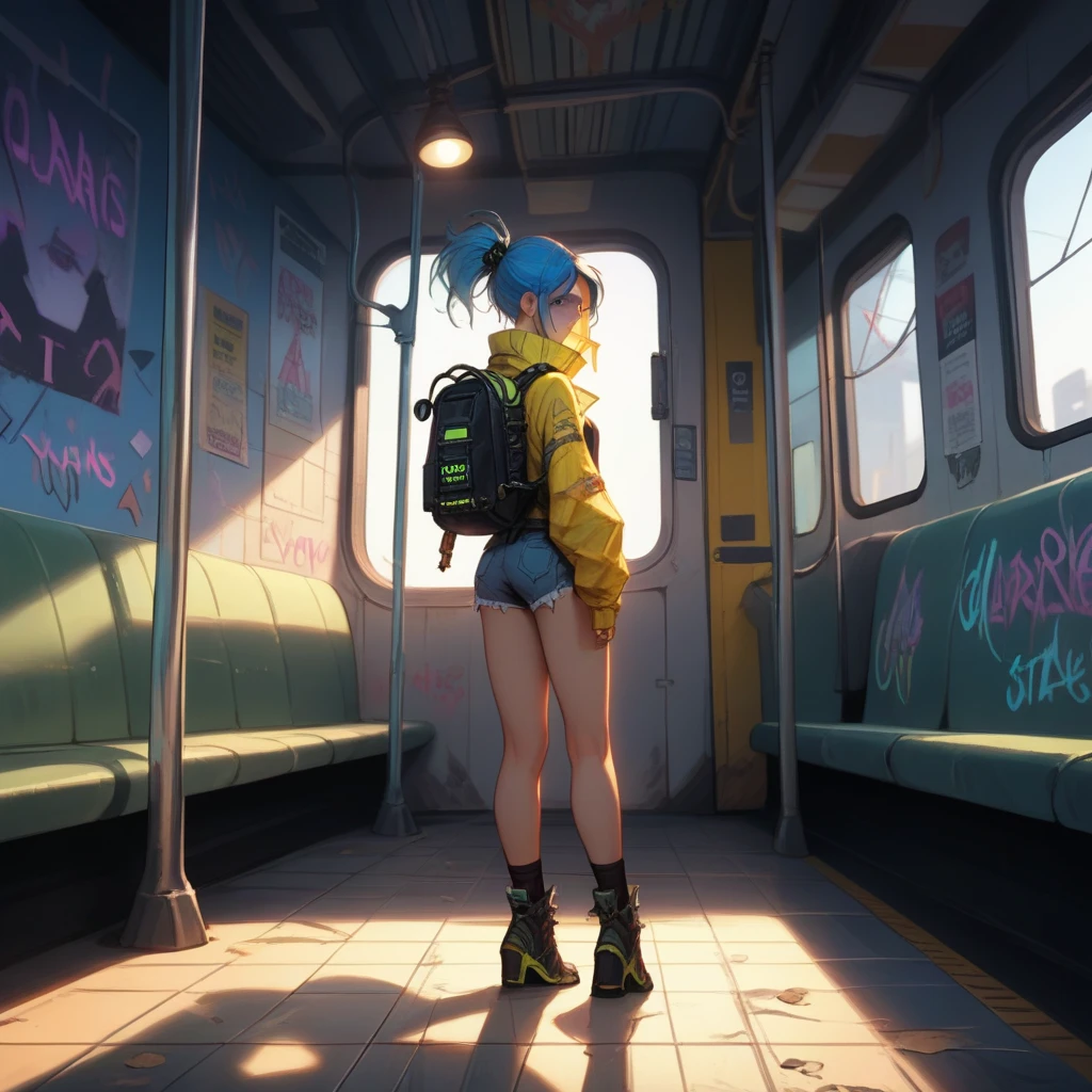 sexy girl, score_9, score_8_up, score_7_up, score_6_up, A highly detailed cyberpunk illustration of a young woman standing on a graffiti-covered subway platform in a futuristic dystopian city. She has vibrant blue hair tied in a loose ponytail, wearing glowing pink futuristic goggles and a sleeveless crop top with denim shorts. Her arms and legs feature visible cybernetic enhancements with metallic plating, glowing wires, and mechanical details. She carries a heavily equipped backpack adorned with patches, stickers, and small tech gadgets. The subway station is dirty and chaotic, with walls covered in colorful graffiti and neon signs. A subway train with open doors is visible on the right, with artificial lighting casting a mix of cool blue and warm yellow tones. The floor is littered with trash and scattered papers, emphasizing urban decay. In the distance, a secondary figure stands near the train, adding depth to the scene. The atmosphere is gritty, vibrant, and embodies a rebellious cyberpunk aesthetic