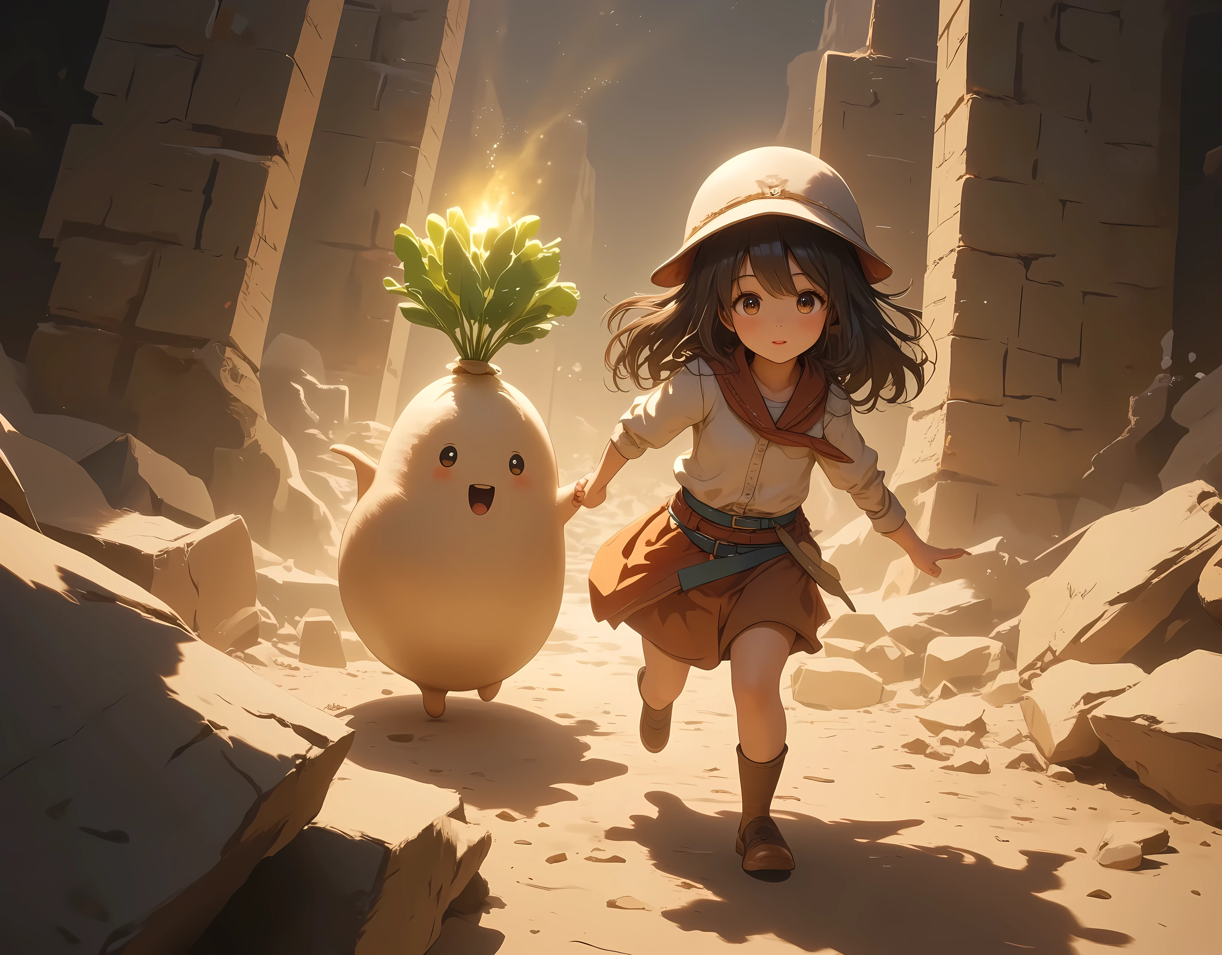 ancient ruins, 1girl, Adventurer Girl,  cute daikon wearing a helmet,  run through the maze holding hands, The ground is falling down :1.3, The collapse of the ceiling:1.3, Desperate look, dash, sweat, I&#39;m nervous, ２d illustration,  expresses a sense of speed, Indiana Jones,  comical , Torchlight on the wall ,  beautiful light source, ((anatomically correct, UHD, masterpiece, textured skin, high details, best quality,  highres icon))