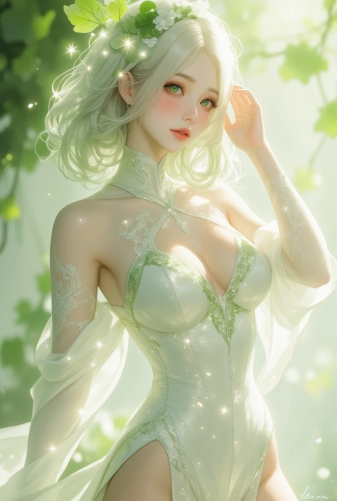 a tsundere character inspired by a daikon radish fairy, appearing as a confident yet slightly shy young woman around 20 years old. She has a slender, feminine figure with smooth, porcelain-like skin that glows softly under the light, exuding both elegance and charm. Her hair is shoulder-length, slightly wavy, and pure white with a subtle green gradient at the tips, resembling the leaves of a daikon radish. A small, delicate leafy hair accessory sits on one side, adding a whimsical touch.

Her eyes are slightly almond-shaped, large, and expressive, with a captivating gradient of emerald green to soft lime. Intricate, faintly glowing star-like patterns shimmer in her irises, enhancing her magical aura. Long, dark, feathery eyelashes frame her eyes, emphasizing their alluring and tsundere expression. Her lips are soft and naturally pink, slightly parted as if caught mid-reaction, and subtly glossy, giving her a touch of sophistication.

Her attire is a flowing, custom-fitted white gown inspired by the sleek and smooth texture of a daikon radish. The gown hugs her figure gracefully, with an elegant thigh-high slit revealing her long legs, and intricate green embroidery along the neckline, hem, and sleeves, inspired by radish leaves and flowers. She stands with a slightly defensive posture, one hand on her hip, the other brushing her hair away as she blushes faintly, giving off a mix of confidence and tsundere shyness.

The background is abstract, featuring soft, blurred gradients of white, green, and pale yellow, resembling a bokeh effect. Delicate, glowing daikon leaves and translucent white radish flowers float across the scene, creating a dreamlike, magical atmosphere. The overall vibe is a combination of refined beauty, tsundere charm, and whimsical elegance.