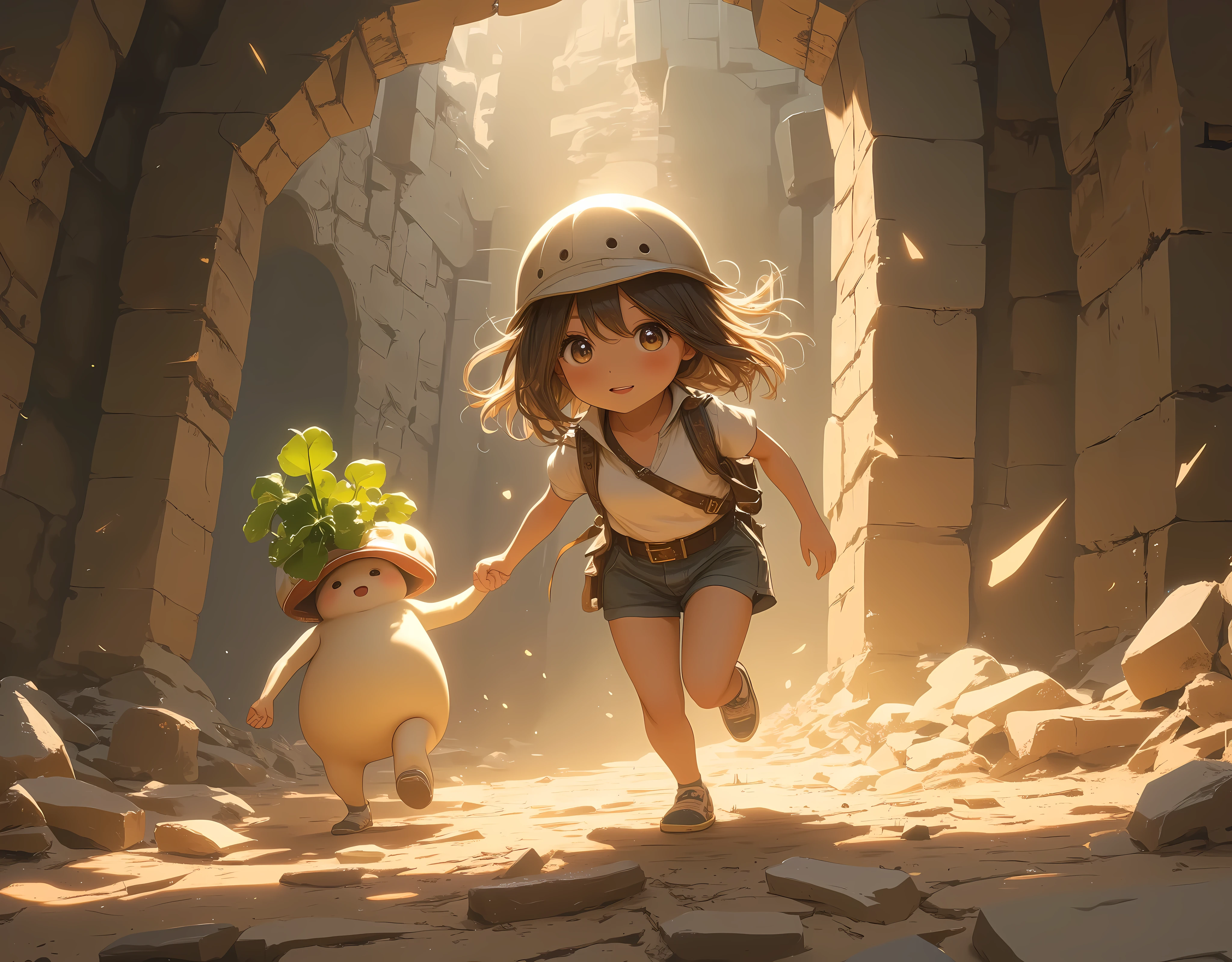 ancient ruins, 1girl, Adventurer Girl,  cute daikon wearing a helmet,  run through the maze holding hands, The ground is falling down :1.3, The collapse of the ceiling:1.3, Desperate look, dash, sweat, I&#39;m nervous, ２d illustration,  expresses a sense of speed, Indiana Jones,  comical , Torchlight on the wall ,  beautiful light source, ((anatomically correct, UHD, masterpiece, textured skin, high details, best quality,  highres icon))