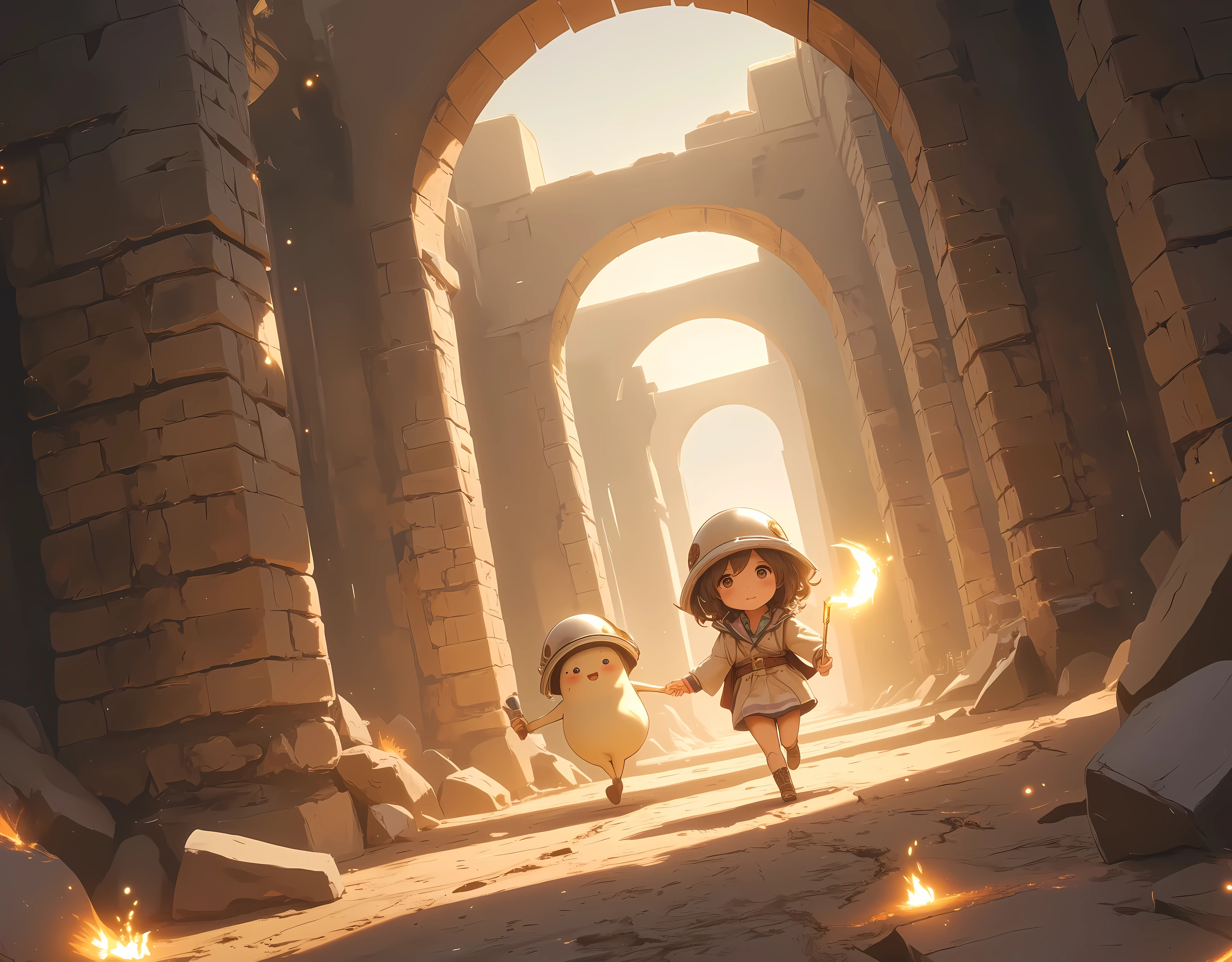 ancient ruins, 1girl, Adventurer Girl,  cute daikon wearing a helmet,  run through the maze holding hands, The ground is falling down :1.3, The collapse of the ceiling:1.3, Desperate look, dash, sweat, I&#39;m nervous, ２d illustration,  expresses a sense of speed, Indiana Jones,  comical , Torchlight on the wall ,  beautiful light source, ((anatomically correct, UHD, masterpiece, textured skin, high details, best quality,  highres icon))