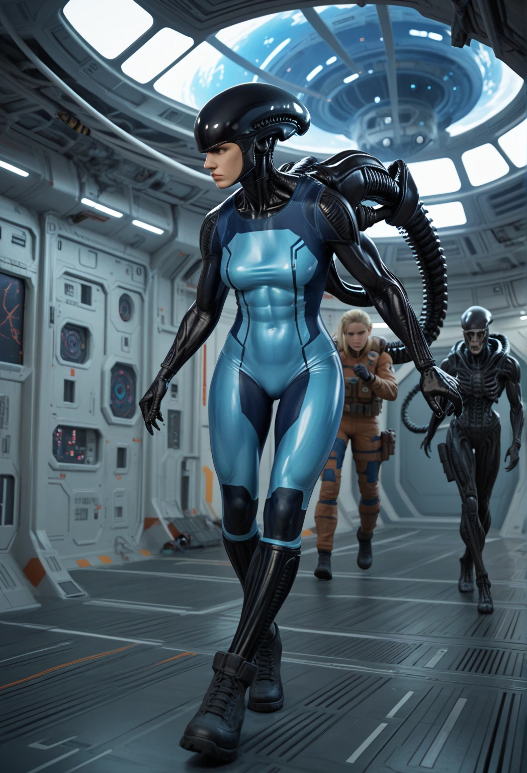 realisticlying，a 25 year old girl，gymnast，wearing leotard，Smile，Gymnastics Stadium、Various poses,  veins popping out on her skin. She is being brainwashed into becoming a Borg, with an eyepatch covering one eye. There are cables attached to her body, merging with her flesh. The overall scene has a luma effect, giving it a surreal glow. The woman's face is extremely detailed, with intricate features and expressions. Her eyes are particularly captivating, with a mesmerizing quality to them. The image is of the highest quality, with 4K resolution and ultra-detailed rendering. It has a realistic and photorealistic appearance, almost resembling a masterpiece. The art style leans towards a cyberpunk concept, with a fusion of sci-fi elements. The color tone is dominated by shades of blue, giving it a cold and futuristic atmosphere. The lighting is dramatic, with bright highlights and deep shadows, adding intensity to