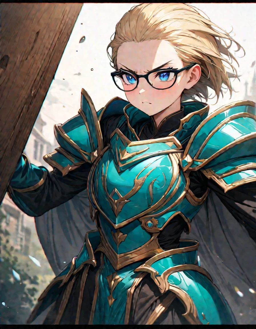 Speedy Shot,(Top quality masterpiece),detailed,ultra detailed,hyper detailed,insanely detailed,Exquisite,Beautiful Full HD,16k,cute,Fantasy,A vibrant academic community,Soft line design,Soft　Surface,Simple line drawing,The best light,Fast Shutter Speed,  depth of border described,Highly saturated colors,BREAK,
(12yo),skinny,flat chested,(forehead,hair slicked back:1.3),Beautiful blonde hair,(blue eyes),(black nodoka glasses),thick bluish eyeshadow, thin eyebrows, thick black eyeliner, Highlighted eyes with eyeliner, false eyelashes,BREAK,
wears armor, angry, glares,have a gigantic wooden hammer