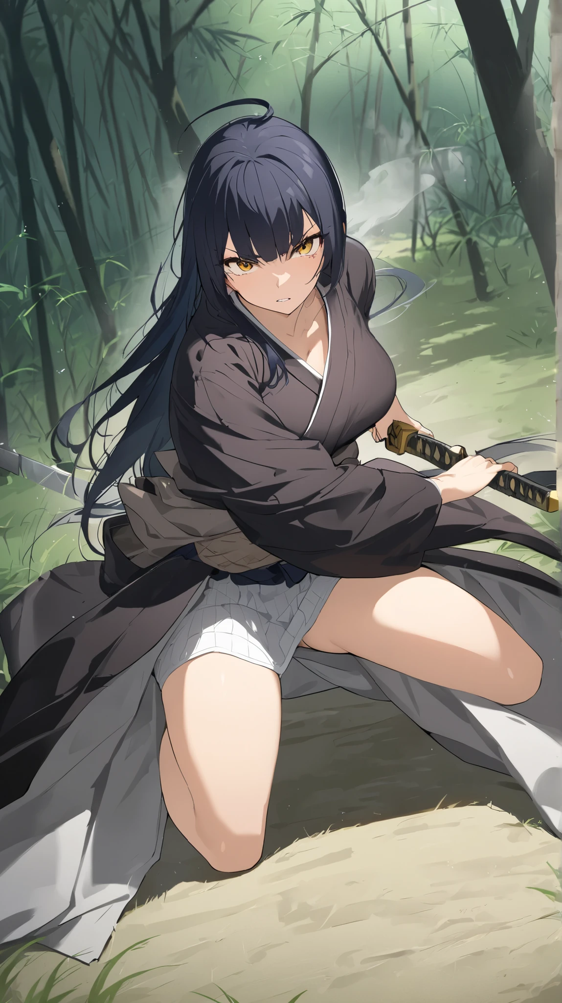 picture of a female samurai with a sword removed from the scabbard , 8k Ultra HD , soft lighting, High Quality , Film Grain , Fujifilm XT3 as background、最 High Quality , masterpiece, high definition , Samurai Girl, I have a Japanese knife, beautiful posture,Moonlit Night,bamboo forest,chest, 1 girl, high definition , Shortcut That Doesn't Shed Bangs ,Tall、Handsome beauty 、samurai、 Japanese Knife 、 adult woman、A beautiful woman in men's clothing、Alone, Woman in her early 20s、 is cool、Mature atmosphere、 turning your gaze , illustration, tall adult woman who flips through Kimono、Medium to medium height ,Japanese Sword 、There is murderous intent.,The number of fingers is accurate (5 bottles),Japanese longsword, on all fours,Iaido, Iai Kari,Close up, Long Sleeve ,The length of the blade of the sword holding the hand ,No hands ,I don't draw hands,Black Scabbard,Put one knee on the ground, textured skin, spreads legs, has sarashi wrapped inside kimono,underwear( sarashi),白い kimono, I have multiple swords in my sleeve, long hair, black hair, Ahoge,High concentration ,Serious personality, golden eyes, Breathing through the mouth ,Contemptuous eyes, Contempt/Angry Gaze, Crazy Eyes, Battle Mode,1 thick, long Ahoge, split bangs,Golden Eyes,Shiny black hair , with smooth black hair , Ahoge is standing , jacket on one side only( kimono)Taking off, Chest Valley