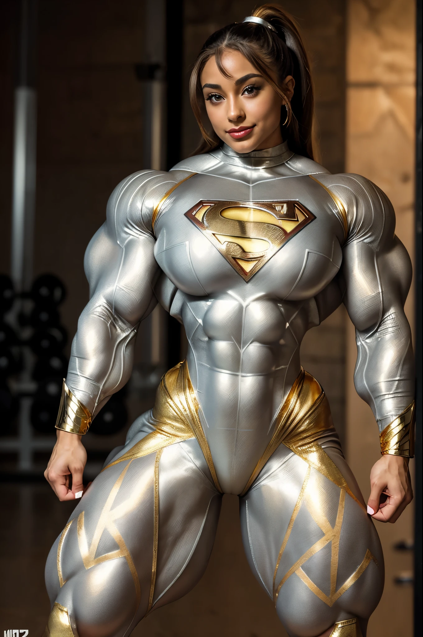 (((SKINTIGHT GLOSSY silver and gold superman ZENTAI CATSUIT BODYSUIT))) nijistyle, Cowboy shot of beautiful woman in Superman costume, Blonde Hair, Heroic, Glowing blue eyes, Cape, Particle, Red boots, Sexy Pose, large udder, nigh sky, Countless stars, Raise one hand, flying pose, ifbb pro bodybuilder, beautiful makeup and long lashes, tattoos, wearing a sinfully tight revealing SUIT, high heels, brown hair with blonde streaks, huge cleavage, ultra high detail, bodybuilding stage detail, photo quality, beautiful girl, best quality, ultra-detailed, masterpiece, finely detail, realistic skin texture, 85 mm art lens, f 1.2, sharp focus, 8 k high definition, insanely detailed, intricate, shallow depth of field, sharp focus on the subject, well balanced exposition. detailed face, 35mm lens, (lipstick) gorgeous girl, smile, sexy, dark skin, jacked VASCULAR POWERFUL body, various poses. sharp focus,A beautiful youthful looking American version of Ariana Grande as a 20 years old girl with long hair with a ponytail. American inspired superhero wearing her costume suit witch looks like a comic superhero suit. she is smiling for the camera (massive muscles:1.2), (best quality:1.4), highly detailed illustrations, ((1 Girl)) , ((veins bulging:1.4)) official art, unity 8k wallpaper, ultra detailed, beautiful and aesthetic,(huge arms:1.9) best quality, (SUPER STRONG:1.1) , intricate detail,((bulking:1.9)),(MASSIVE round SHOULDERS:1.9,(pro body builder:1.9), muscular, PECS, sexy, 6 abs, (bigger muscles than superman:1.1) (((CAMELTOE)))