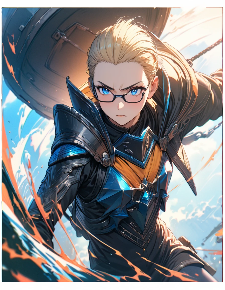 Speedy Shot,(Top quality masterpiece),detailed,ultra detailed,hyper detailed,insanely detailed,Exquisite,Beautiful Full HD,16k,cute,Fantasy,A vibrant academic community,Soft line design,Soft　Surface,Simple line drawing,The best light,Fast Shutter Speed,  depth of border described,Highly saturated colors,BREAK,
(12yo),skinny,flat chested,(forehead,hair slicked back:1.3),Beautiful blonde hair,(blue eyes),(black nodoka glasses),thick bluish eyeshadow, thin eyebrows, thick black eyeliner, Highlighted eyes with eyeliner, false eyelashes,BREAK,
wears armor, angry, glares,have a gigantic wooden hammer