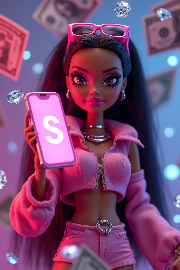 Best quality, highly detailed, ultra detailed, 1 brown skin boy, flat chest, male chest, slim curvy body, long pink dreadlocks, pink dreadlocks, pink eyes, vampire, pointy ears, sharp nails, black lipgloss, goth, black crop top, black mini skirt, fishnets, big butt, holding phone, taking selfie, outside, patio, close up