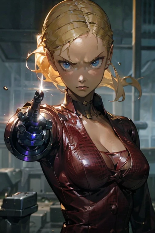  1 girl,  Hi-Res, Blonde, Chignon blue eyes, masterpiece, accurate, Best Quality,  Hi-Res,  big breasts at the temple, Contempt/Angry Gaze,  No Emotion,  simple background, Mechanical arm、Pistol、Liquid Metal、bullet mark 
クリスタナ・ローケン、ターミネーター3