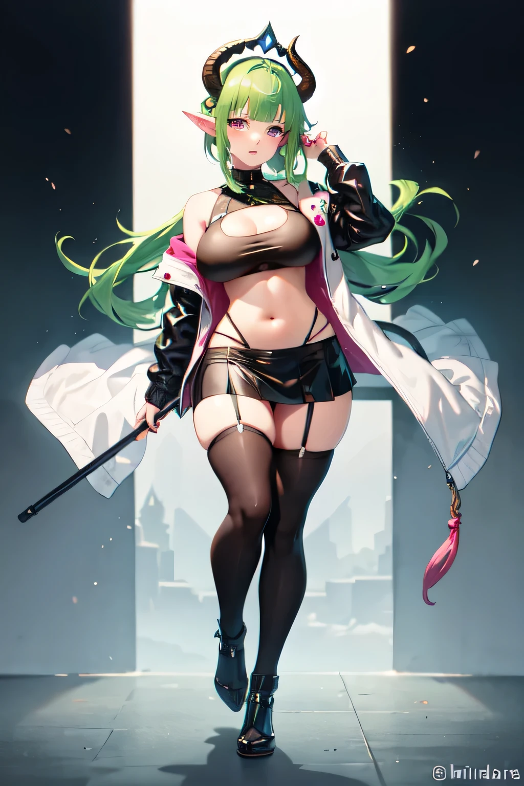  Mitsuri Kanroji, braid, faded hair, (green eyes, green hair, long hair, topo,  mole under the eye, multicolored hair, pink hair, braids gemelas, Cabello bitono,
, looking at the viewer,
 (Masterpiece), The best quality, High resolution, Unity 8K Wallpaper, (illustration), (Beautiful detailed eyes), extremely detailed face, Perfect lighting, Extremely detailed CG, (perfect hands, perfect anatomy),(Surreal), (Illustration), (High resolution), (in 8K), (Extreme Detail), (Best Illustration), (beautiful detail), (Best Quality), (masuter piece), (Wallpaper), ( Detailed face)、poneyTai、Black shirt、pant suit、neck tie、deacon、Wear less revealing clothing、full body Esbian、Realistic fantasy rendering, Realistic anime girl rendering, Full body portrait, (Big Breast: 1.4)  popular in CGSTATION, wlop. 4K、highlight in eyes、Night background, mini skirt,