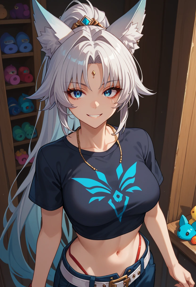 sEssential_9,sEssential_8_above,Essential_7_above,  feixiao-hsr  , 1 ,  animal ears , Alone,  looking at the viewer , shezfe , blue eyes, breasts, fox ears,  long hair, smile, jewelry, toys, Animal ear fluff, covered navel , belt,  ponytail, black shirt