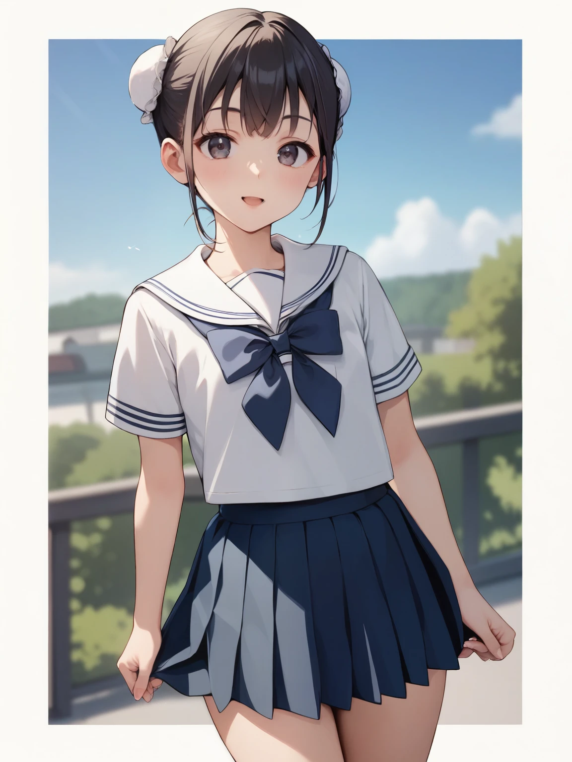  score_9,  score_8_up,  score_7_up,  score_6_up, Anime BREAK，nsfw，(  detailed biography  :1.2)，  fisheye lens，  very young and cute girl ，Very short stature， toddler figure ， flat chested， Thin Thighs ，(A girl who happily goes up to the stage (cartoon)  school uniform ( 1 bun hair )， very good since she's not in very good shape ，