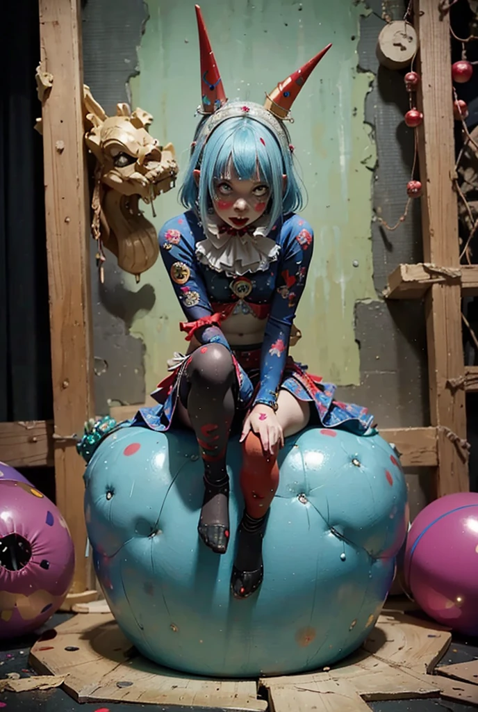  Clown with blue hair and red clown makeup、 surrounded by red balloons ,  cute core crown core , 不気味なClown Girl, Scary clown, Clown Girl, Detailed painting 4k,  portrait desk crown ,  Artstation contest winner , Goth Clown Girl, deviantart artstation cgscosiety ,  CG Society Contest Winner !!,  CG Society Contest Winner !!!, y 2 k  cute core crown core , full body
