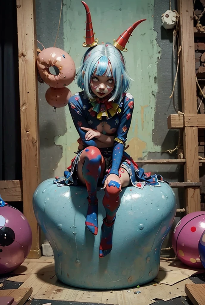  Clown with blue hair and red clown makeup、 surrounded by red balloons ,  cute core crown core , 不気味なClown Girl, Scary clown, Clown Girl, Detailed painting 4k,  portrait desk crown ,  Artstation contest winner , Goth Clown Girl, deviantart artstation cgscosiety ,  CG Society Contest Winner !!,  CG Society Contest Winner !!!, y 2 k  cute core crown core , full body
