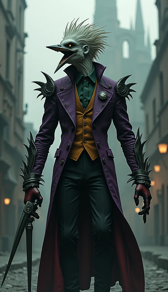 Joker DC with the head of a wild woodpecker armed in Gothic City