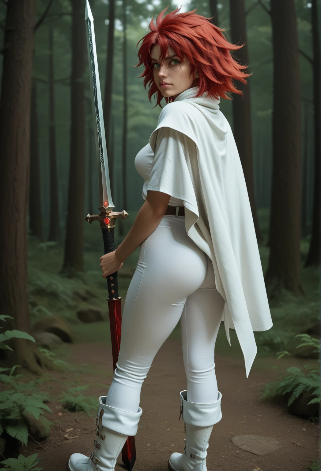 a human woman of about 23 years of age with face resembling Motoko Kusanagi with long loose red hair in a spiky free mane and green eyes wearing a tight white shirt and a tight white trousers and white boots and white cloak, with a greatsword at her back, medium ass and biggish breasts,  in a forest, peeringat the distance, casting fire in her sword  (((correct anatomy)))