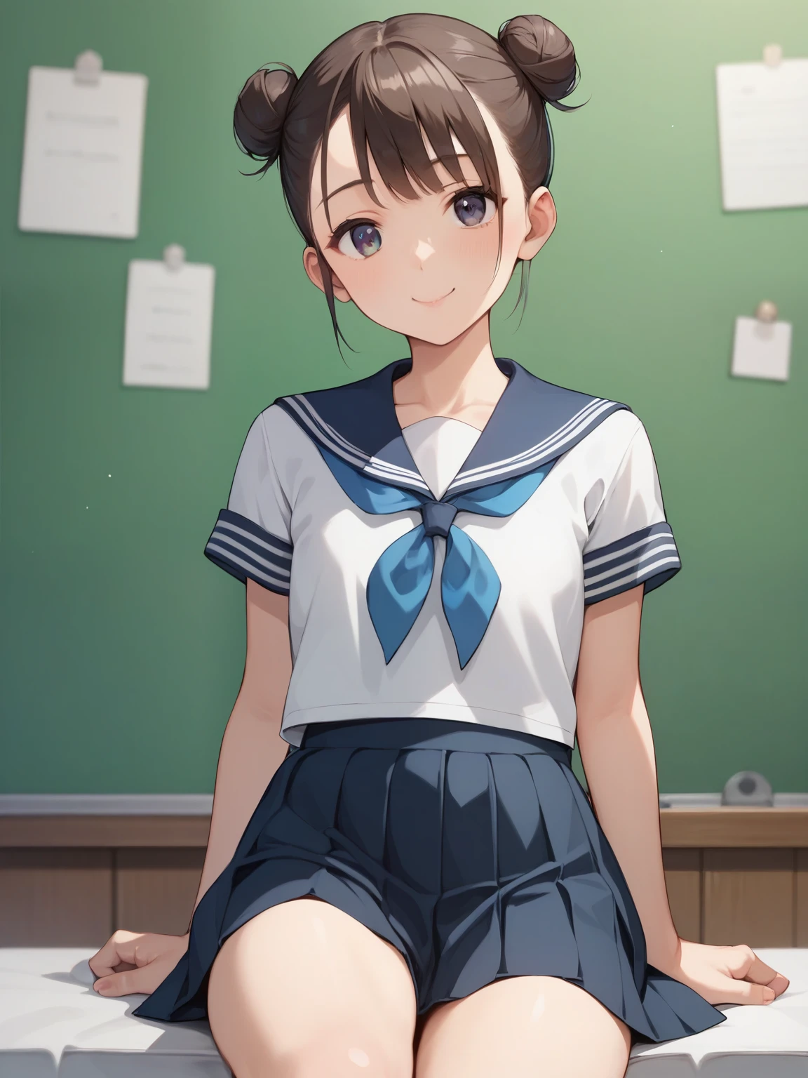  score_9,  score_8_up,  score_7_up,  score_6_up, Anime BREAK，nsfw，(  detailed biography  :1.2)，  fisheye lens，  very young and cute girl ，Very short stature， toddler figure ， flat chested， Thin Thighs ，(A girl who happily goes up to the stage (cartoon)  school uniform ( 1 bun hair )， very good since she's not in very good shape ，