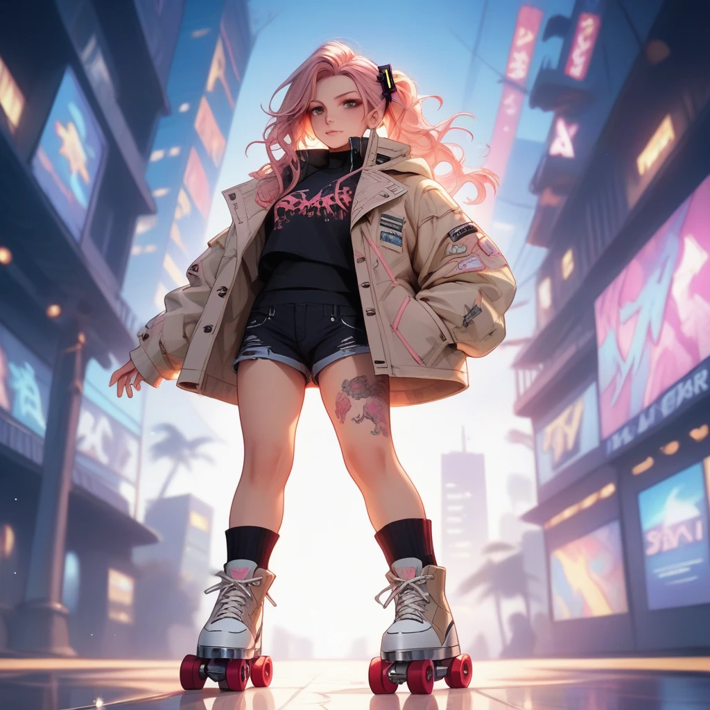 sexy girl, score_9, score_8_up, score_7_up, score_6_up , A confident young girl with long flowing brown hair stands in a futuristic urban environment. She is wearing a black hoodie with vibrant neon graphics, beige jacket sleeves, and short black shorts. Her roller skates are detailed, cyberpunk-inspired with robotic elements, pink wheels, and intricate mechanical parts. A colorful tattoo on her leg adds personality. The background features a vibrant blue sky with warm clouds, a tall, weathered industrial tower painted in red and white, and a sprawling futuristic cityscape with architectural detail. The art style is highly saturated, combining cyberpunk aesthetics, anime influences, and detailed dynamic lighting. The perspective is low-angle, emphasizing the character's empowering stance and the towering background.