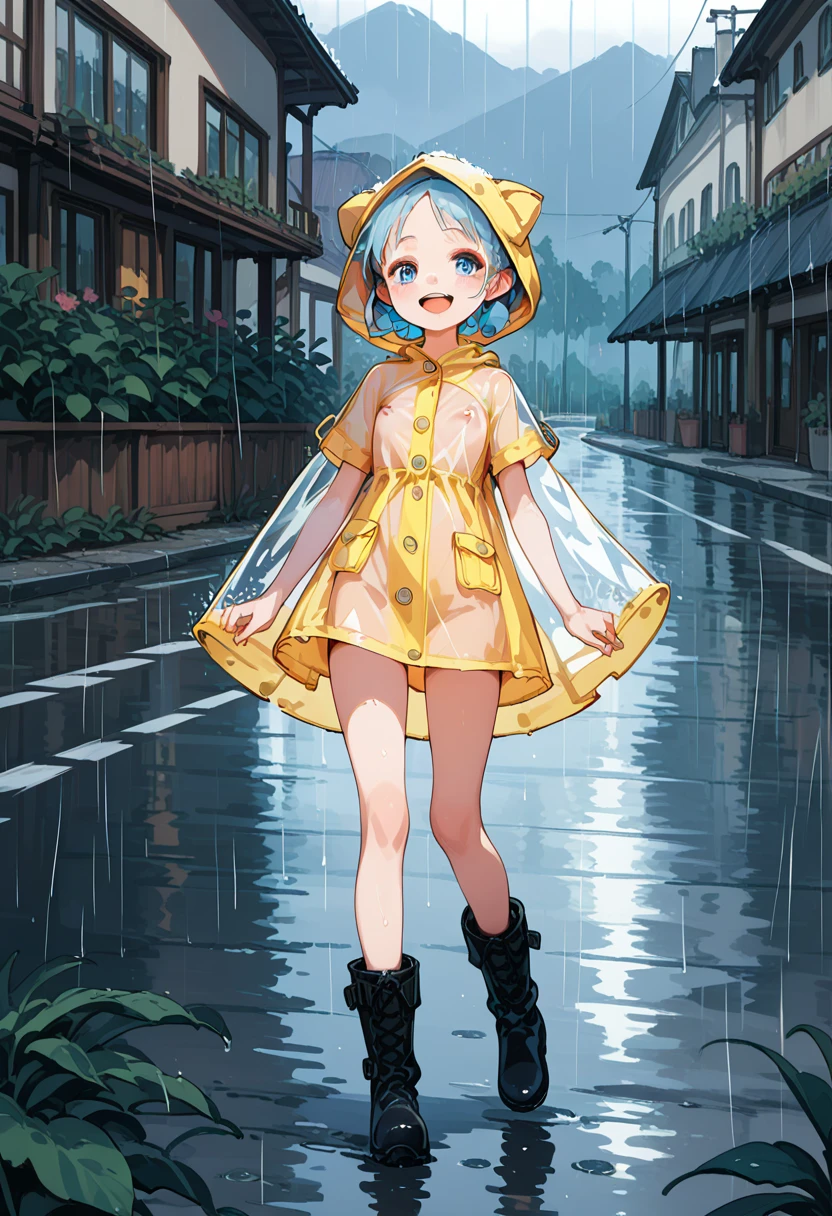 1girl,solo,loli,8yearsold,short stature,((flat breasts)),light blue  hair,medium hair,folded ponytail,parted bangs,blue eyes,white beer raincoat,put on hood,button closed raincoat,see-through raincoat,see-through nipples,rain boots,ridge road,rainy,skipping,laugh,looking at another