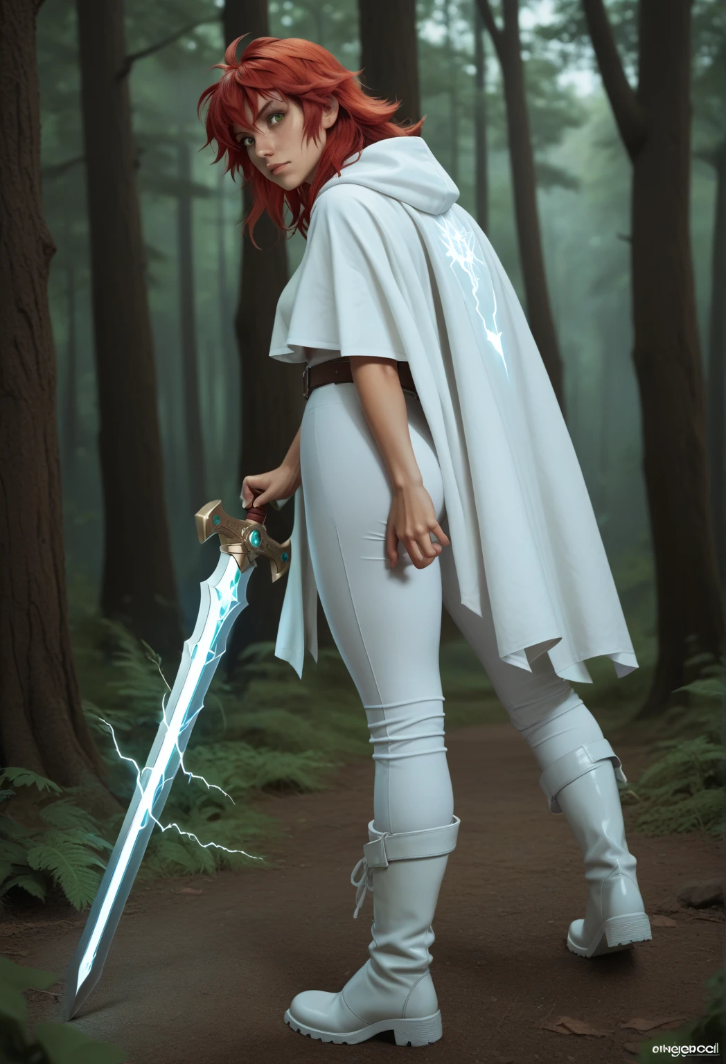 a human woman of about 23 years of age with face resembling Motoko Kusanagi with long loose red hair in a spiky free mane and green eyes wearing a tight white shirt and a tight white trousers and white boots and white cloak, with a greatsword at her back, medium ass and biggish breasts,  in a forest, lightning spell prepared in a hand, (((correct anatomy)))