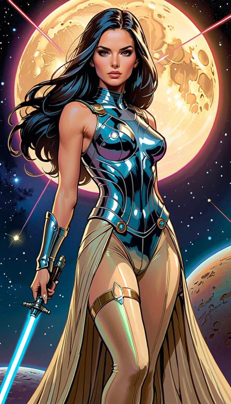 ((best quality)), ((masterpiece)), (ultra detailed lights), ((full body shot)), indonesian girl, extremely beautiful, ultra face details, 20 years old, ((blue curvy-hair)), ((hair blown by strong winds :1.3)), Award-winning photograph, photography of a teen girl, slim face, extremely beautiful, ultra details armor, ultra details skin, sharp armor texture, crisp picture, ((full make ups)), ((pink blushing)), ((red lips)), ((wearing tight steel-armor)), ((full body armor)), ((tight latex panty)), ((thighs armor)), ((slim body shape)), ((24k-gold and black armor)), no head cover, ((symmetrical body pose)), model posing in the middle, night at beach, full of stars, red clouds, nebula, ((aurora borealis)), shooting stars, from below