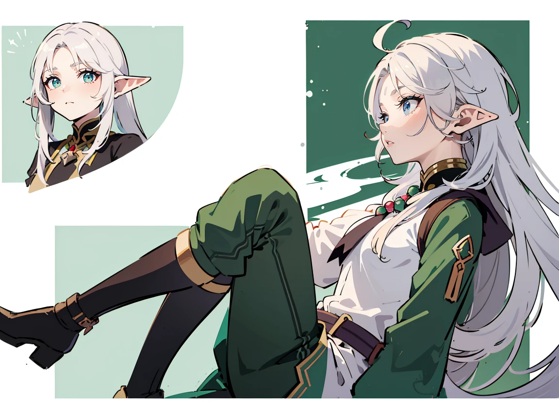 

((masterpiece)),(((best quality))),(character design sheet, same character, ), elven woman, ((side view:0.5)) anime girl, Gesture, character design. ((green eyes)). 1girl, solo, teenager, ((white hair)), ((green eyes)), pants, long sleeves, pointed ears. ((black clothes))
