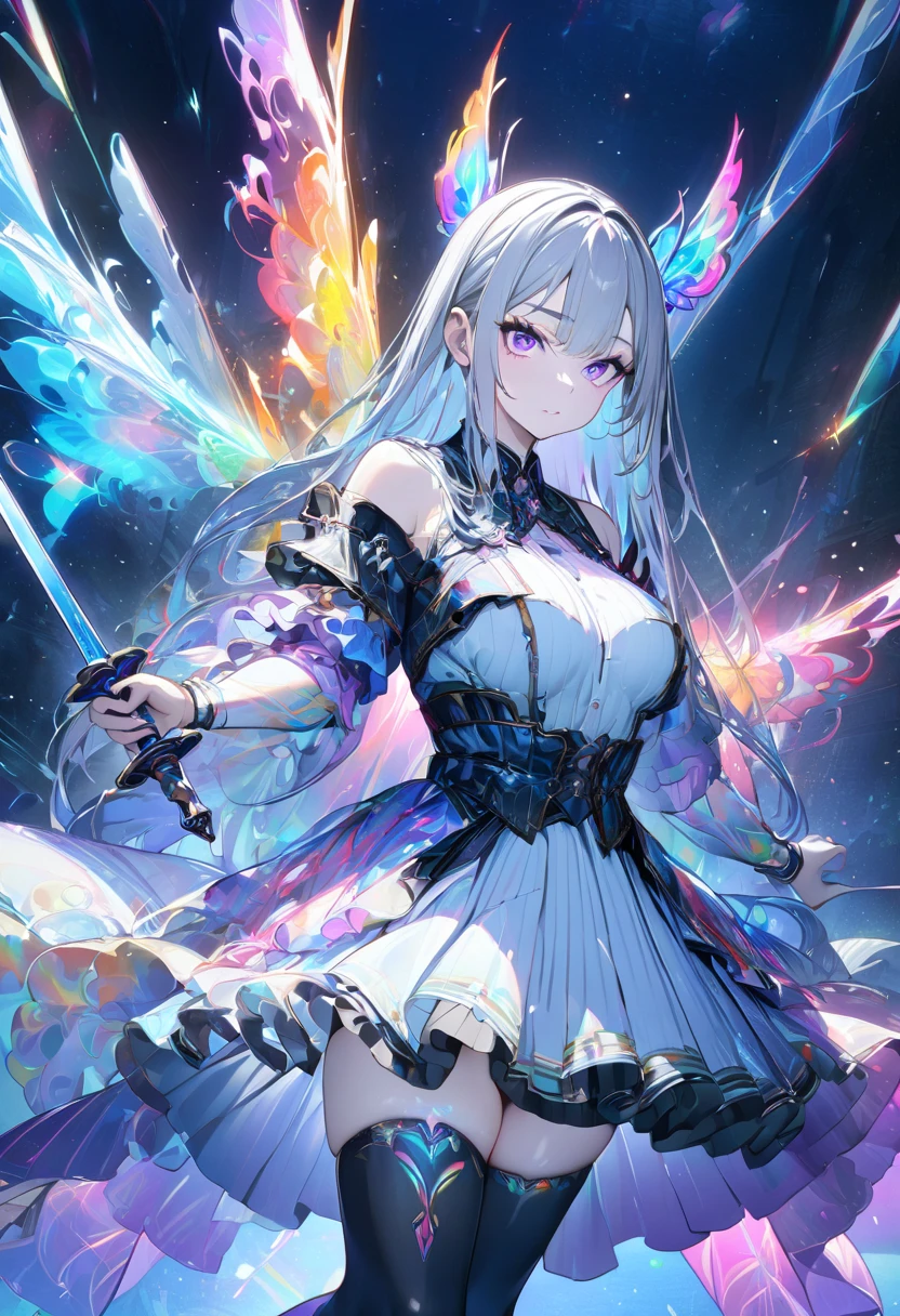 (masterpiece,  best quality :1.2,UHD,High Resolution), colorful ,  1 girl, Gray Hair,  purple eyes,  dual weeding that destroys reality , sword,  has a sword, Blue Flame, Shine, Shine武器,  light particles , wallpaper,  Chromatic Avalation,  Too Much Exposed Skin  ,  skirt、 black knee-high 、Destroying reality、I can see the rainbow butterfly 、Diffuse reflection of light、Sword Dance、 laser beams 、Flaming Flames 、 magic 、Luxurious effects