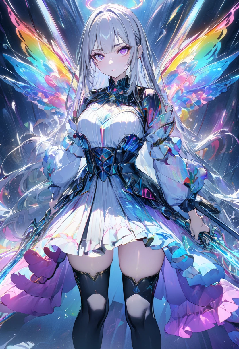 (masterpiece,  best quality :1.2,UHD,High Resolution), colorful ,  1 girl, Gray Hair,  purple eyes,  dual weeding that destroys reality , sword,  has a sword, Blue Flame, Shine, Shine武器,  light particles , wallpaper,  Chromatic Avalation,  Too Much Exposed Skin  ,  skirt、 black knee-high 、Destroying reality、I can see the rainbow butterfly 、Diffuse reflection of light、Sword Dance、 laser beams 、Flaming Flames 、 magic 、Luxurious effects