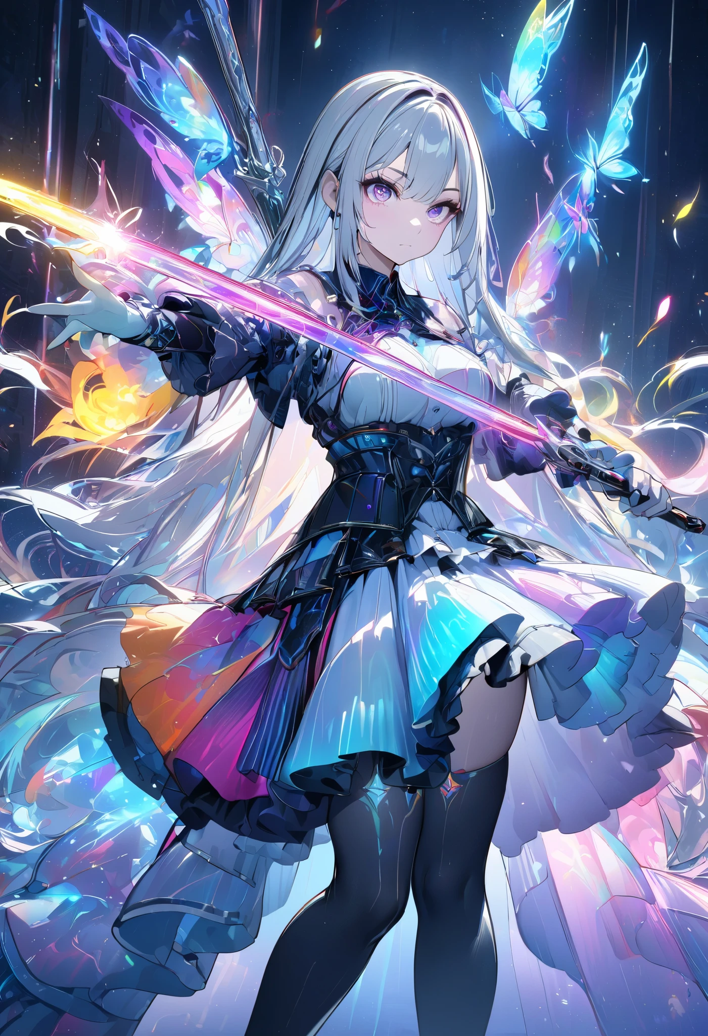 (masterpiece,  best quality :1.2,UHD,High Resolution), colorful ,  1 girl, Gray Hair,  purple eyes,  dual weeding that destroys reality , sword,  has a sword, Blue Flame, Shine, Shine武器,  light particles , wallpaper,  Chromatic Avalation,  Too Much Exposed Skin  ,  skirt、 black knee-high 、Destroying reality、I can see the rainbow butterfly 、Diffuse reflection of light、Sword Dance、 laser beams 、Flaming Flames 、 magic 、Luxurious effects