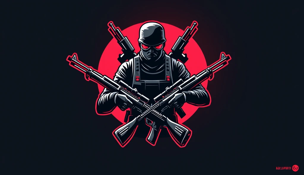 Create a logo that resembles a special forces group in the form of a patch for an airsoft team, where it contains a rifle and a pistol, with a round background and that is a little more organic and abstract towards the cartoon also add a little blood
