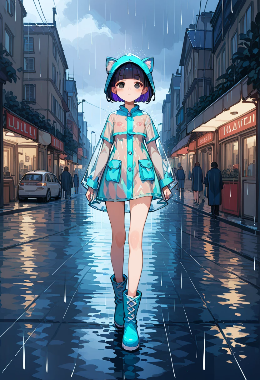 1girl,solo,loli,11yearsold,short stature,flat breasts,black hair,purple inner hair,bob cut,bow-shaped hair,blunt bangs,black eyes,blue cat raincoat,put on hood,button closed raincoat,see-through raincoat,see-through nipples,rain boots,street,rainy,stressed,blush,walking,looking away,from below