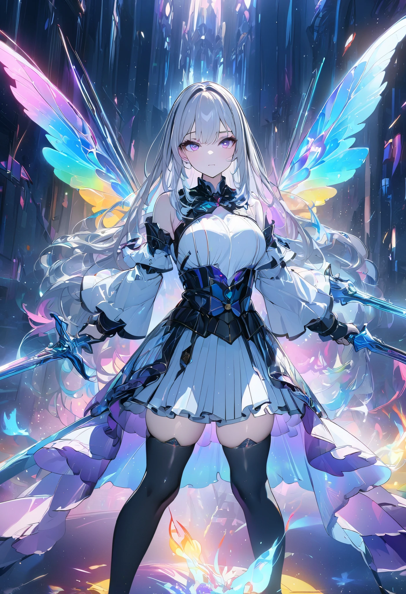 (masterpiece,  best quality :1.2,UHD,High Resolution), colorful ,  1 girl, Gray Hair,  purple eyes,  dual weeding that destroys reality , sword,  has a sword, Blue Flame, Shine, Shine武器,  light particles , wallpaper,  Chromatic Avalation,  Too Much Exposed Skin  ,  skirt、 black knee-high 、Destroying reality、I can see the rainbow butterfly 、Diffuse reflection of light、Sword Dance、 laser beams 、Flaming Flames 、 magic 、Luxurious effects