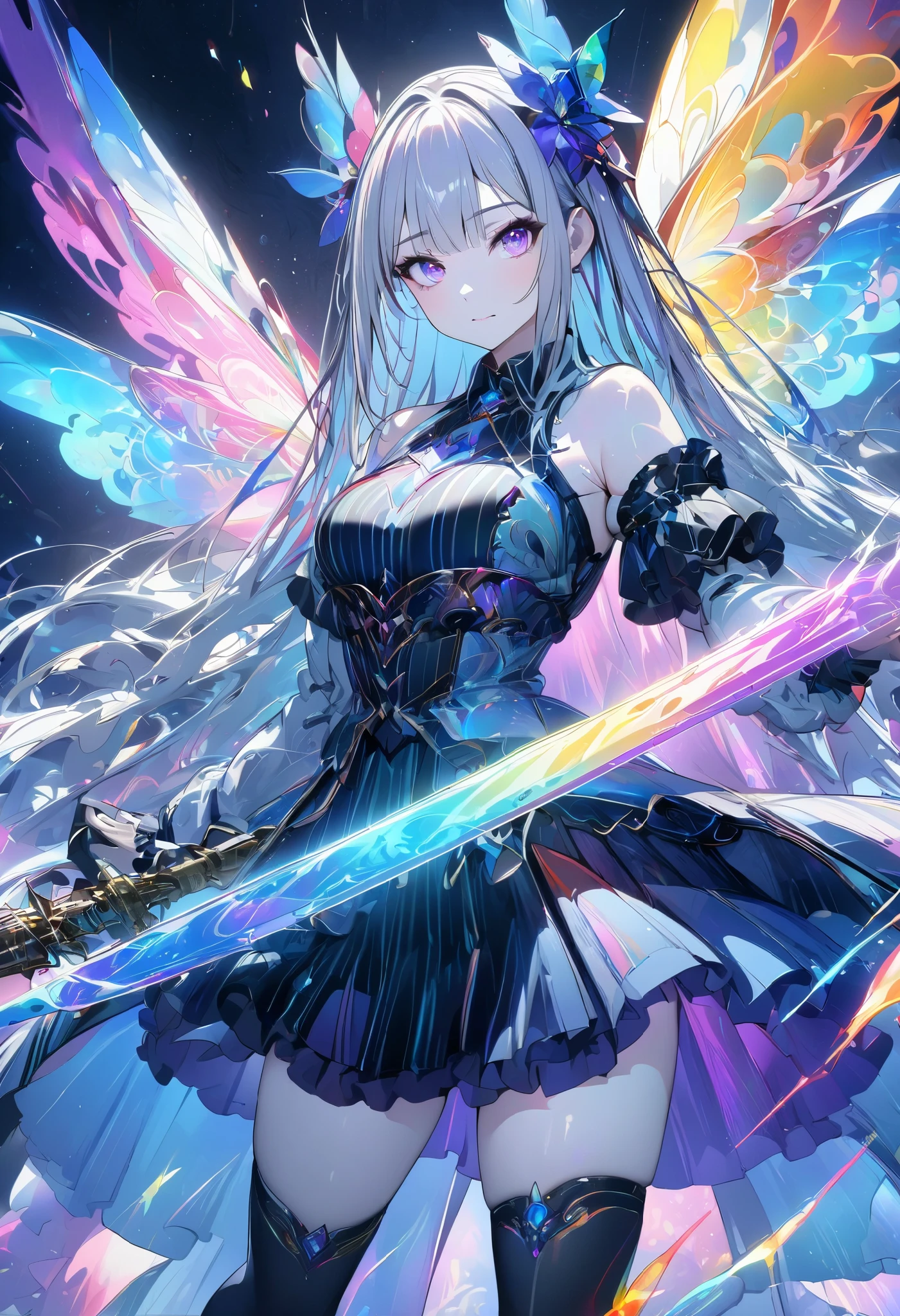 (masterpiece,  best quality :1.2,UHD,High Resolution), colorful ,  1 girl, Gray Hair,  purple eyes,  dual weeding that destroys reality , sword,  has a sword, Blue Flame, Shine, Shine武器,  light particles , wallpaper,  Chromatic Avalation,  Too Much Exposed Skin  ,  skirt、 black knee-high 、Destroying reality、I can see the rainbow butterfly 、Diffuse reflection of light、Sword Dance、 laser beams 、Flaming Flames 、 magic 、Luxurious effects