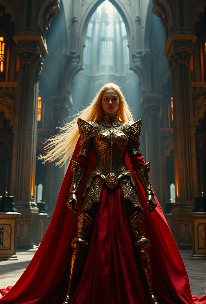 A blond medieval witch in a red and gold armor, in a gothic castle.