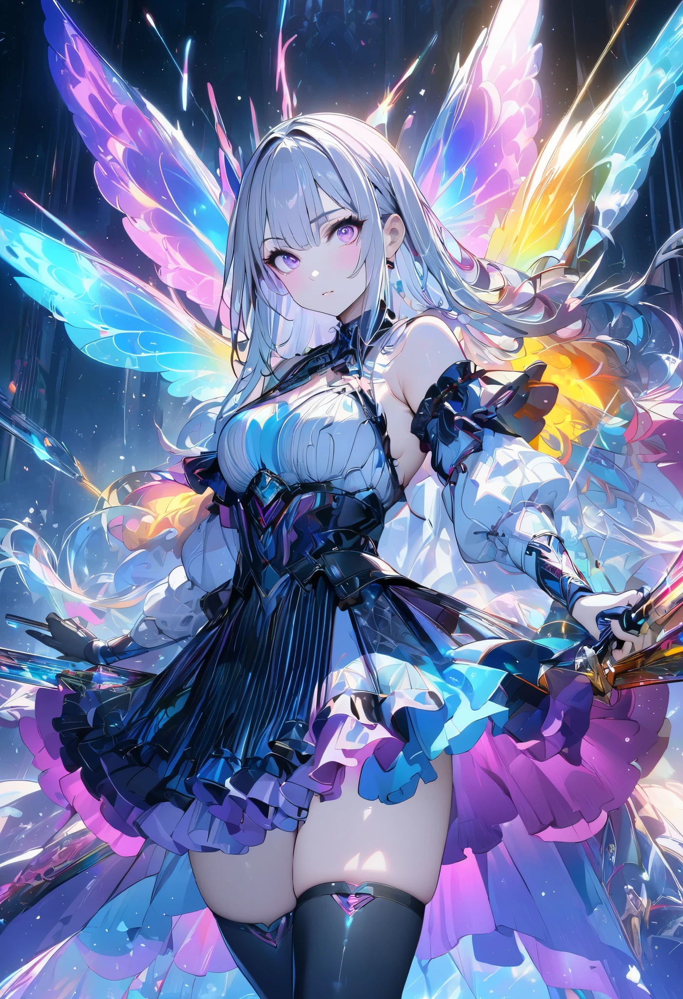 (masterpiece,  best quality :1.2,UHD,High Resolution), colorful ,  1 girl, Gray Hair,  purple eyes,  dual weeding that destroys reality , sword,  has a sword, Blue Flame, Shine, Shine武器,  light particles , wallpaper,  Chromatic Avalation,  Too Much Exposed Skin  ,  skirt、 black knee-high 、Destroying reality、I can see the rainbow butterfly 、Diffuse reflection of light、Sword Dance、 laser beams 、Flaming Flames 、 magic 、Luxurious effects