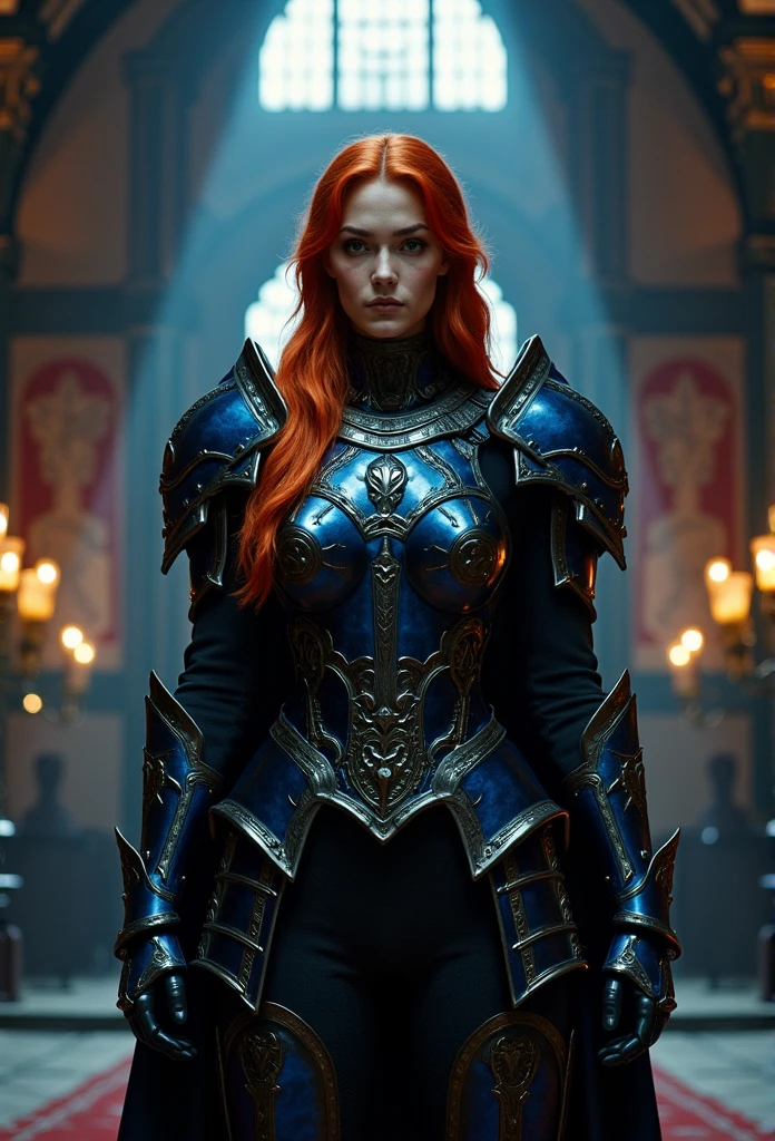 A redhead medieval witch in a blue and black metal armor, in a gothic castle.