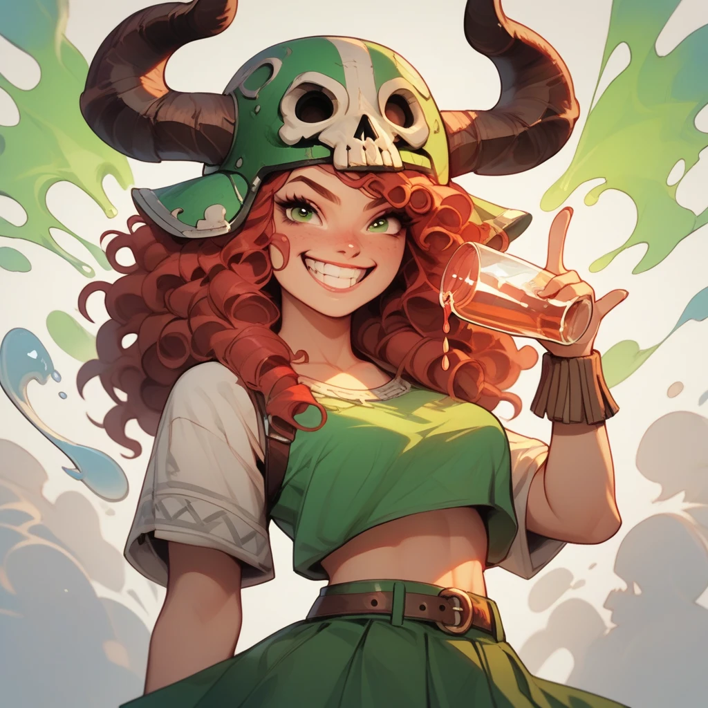 sexy girl, score_9, score_8_up, score_7_up, score_6_up ,Cartoon-style female viking character with exaggerated features, bright red curly hair, wearing a winged helmet and a green outfit. She has a wide, goofy smile with misaligned teeth, large expressive eyes, and holds a drinking horn filled with purple liquid. Her outfit includes a green crop top, skirt, and a belt with a skull emblem. The background is minimalistic with soft circular shapes and whimsical particle effects. Vibrant colors, bold outlines, and a comedic, dynamic pose pointing forward."