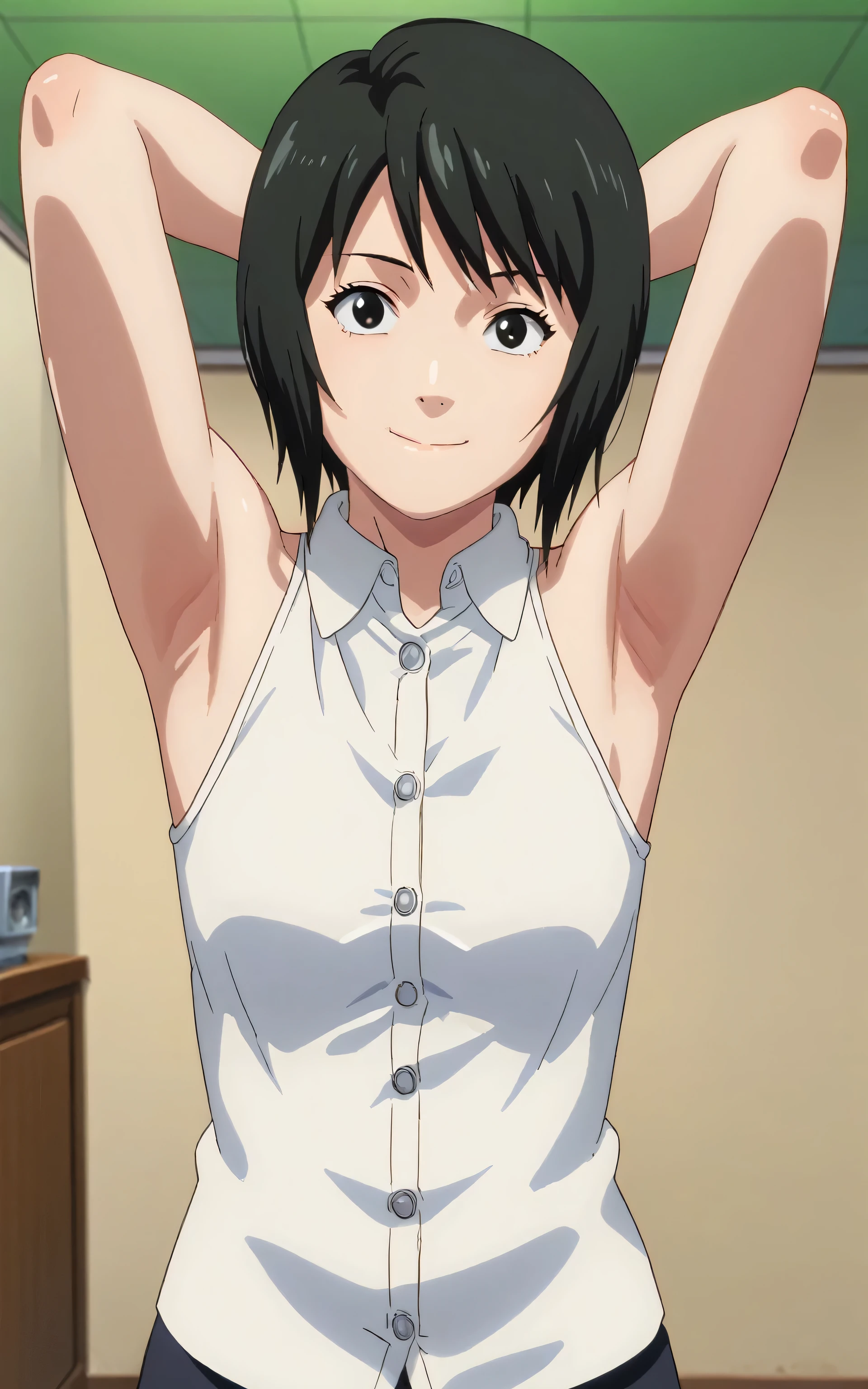 score_9, score_8_up, score_7_up, source_anime, anime screencap, 1girl, solo, shizune, mature, short hair, white shirt, sleeveless shirt, collared shirt, buttons, sleeveless, bare shoulders, bare arms, arms behind head, armpits, from above, looking at viewer, head towards viewer, smile, closed mouth, badhandv4, indoors