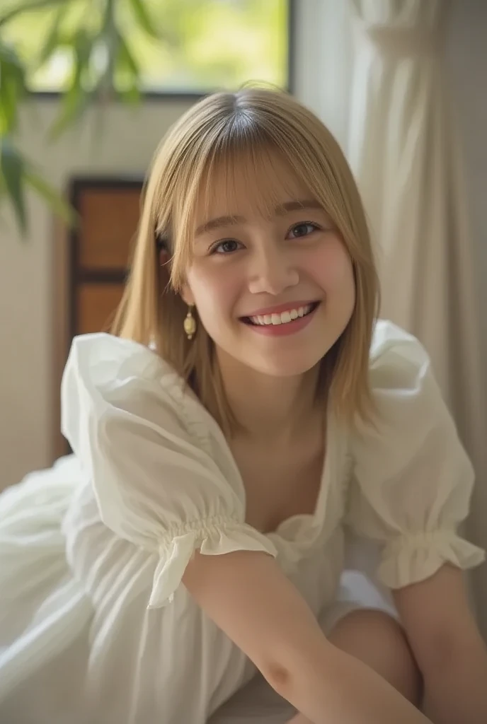 (8k, RAW Photos:1.2),  Detailed Face and Eyes  ,最 High Quality で最高,  ultra high resolution with forest background,  Extremely Detailed  , exquisite details , on the Table  , cute girl ,  soft cinematic light with large mesh, hyper detailing, sharp focus ,  High Quality ,The nipple comes out, bob cut,Blonde,nsfw, Happy smile,  absolute opportunity ,  skirt,  sit on a chair,  Legs Expanding ,  panties