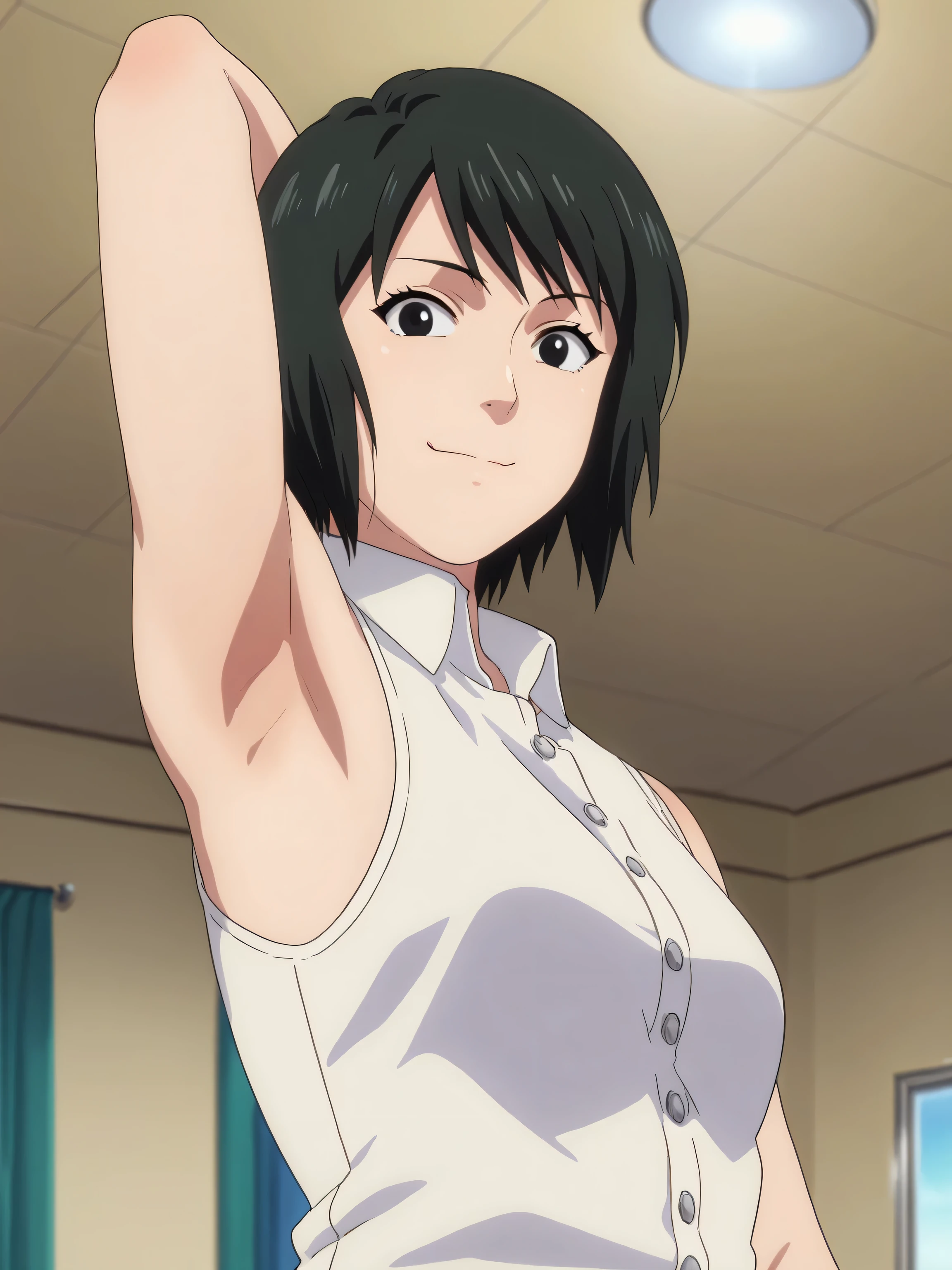 score_9, score_8_up, score_7_up, source_anime, anime screencap, 1girl, solo, shizune, mature, short hair, white shirt, sleeveless shirt, collared shirt, buttons, sleeveless, bare shoulders, bare arms, arm behind head, armpit, from side, from below, looking at viewer, head towards viewer, smile, closed mouth, badhandv4, indoors 