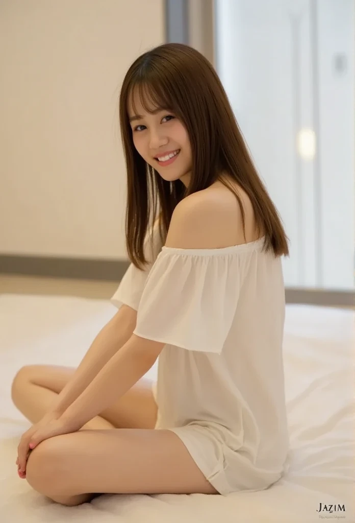    focus on full body shot  、 Please wear off-the-shoulder mini one-piece pajamas,   take a cross-legged position with your knees bent ,   and sit while staring at me  ,  Slender Naked Legs   、smile、  The background is the bedroom

