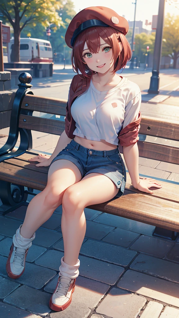 (1) A woman is sitting cross-legged on a bench. (2) The woman is a gal, with a ish face but heavy makeup. She has short red hair. (3) The woman is wearing a short t-shirt t and loose socks (4) The woman's expression is a smile. (5) The location is a park bench at night. diaphragm, (bright eyes:1.25), masterpiece, best quality, extremely detailed, High Quality, 4k, sharp focus, professional, sharp focus, awarded, cinematic lighting, octane rendering, Unreal Engine, volumetric dtx, wallpaper, (masterpiece, Superior quality: 1.2), anime style, Super detail, great lighting, (1 girl: 1.3), (High resolution:1.2),(​masterpiece、Premium:1.2) full body,very detailed eyes, Perfect face, very beautiful female body, large thighsmedium chest, good lighting, cowboy shot, Alone, 1 girl, (((happy face))), sitting,dynamic pose, Red blood cell, Look at the spectators, Short red hair, brown eyes, short jeans, short t-shirt, shows the navel, Sports sneakers are white and light blue, white loose socks, 