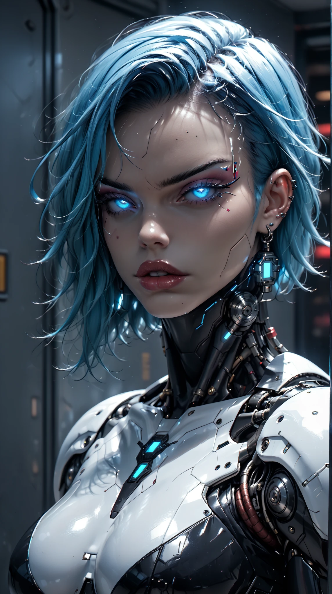 score_9, score_8_up, score_7_up,beautiful teenage muscular goth cyborg girl, (black sclera:1.25), (blue glowing eyes:1.25), (blue glowing body veins:1.25),(((muscular bodybuilder physique:1.45))), ((((extreme muscular hypertrophy:1.25)))), (flat muscular pecs:1.25), (full Cyborg bio-mecha exosuit:1.5), ((skinny thin legs:1.25), (blue glowing hair:1.25),(beautiful face:1.25), bimbo lips, cowboy shot, gothic neon style, cyber punk style, zPDXLxxx, zPDXL3, zPDXLrl