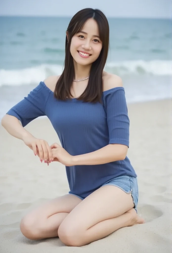 barefoot,   make a heart shape with both hands  , woman sitting on the sand with her knees bent  ,  photorealism,    young Japanese woman ,( looking at the camera), Alone,A perfect smile,     BEAUTIFUL DARK EYES    ,   beautiful skin  ,   long black hair ,   full body of a beautiful woman wearing a fitted t-shirt and shorts Portrait  ,   blue off-shoulder shirt  , white skinned,   Amazing Face  , Beautiful appearance,  turn your arm back ,   8K resolution concept art portrait ,  white sand at midsummer noon  ,  gentle waves, deep water ,  pulp adventure style  , fluid acrylic  ,  dynamic gradation , vivid color,  Awareness-raising activities ,   Highly Detailed Vector Curves  ,  It's a simple  , Vector art,  is sleeping,   character design , 3D Shading,   Movie-like  , gorgeous patterns,   elegant organic framing  ,   hyperrealism  ,   posterized  ,   bright color ,  Real People ,