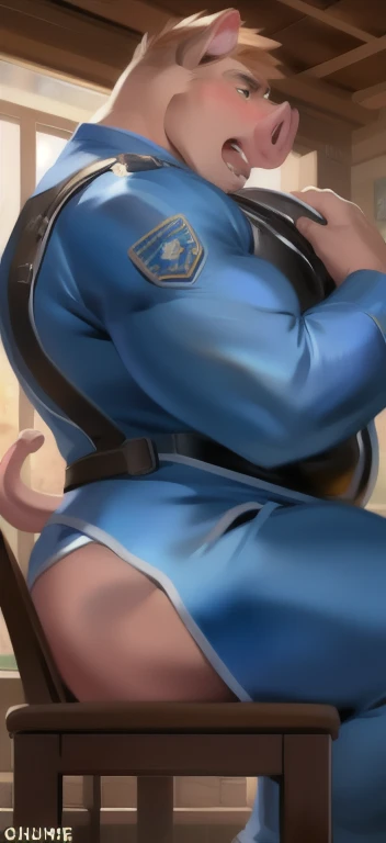 score_9, score_8_up, score_7_up, rating_explicit, source_anime, blue uniform, Crouching, bubble butt, Torn jumpsuit, Astonished, man, nipple, torn
