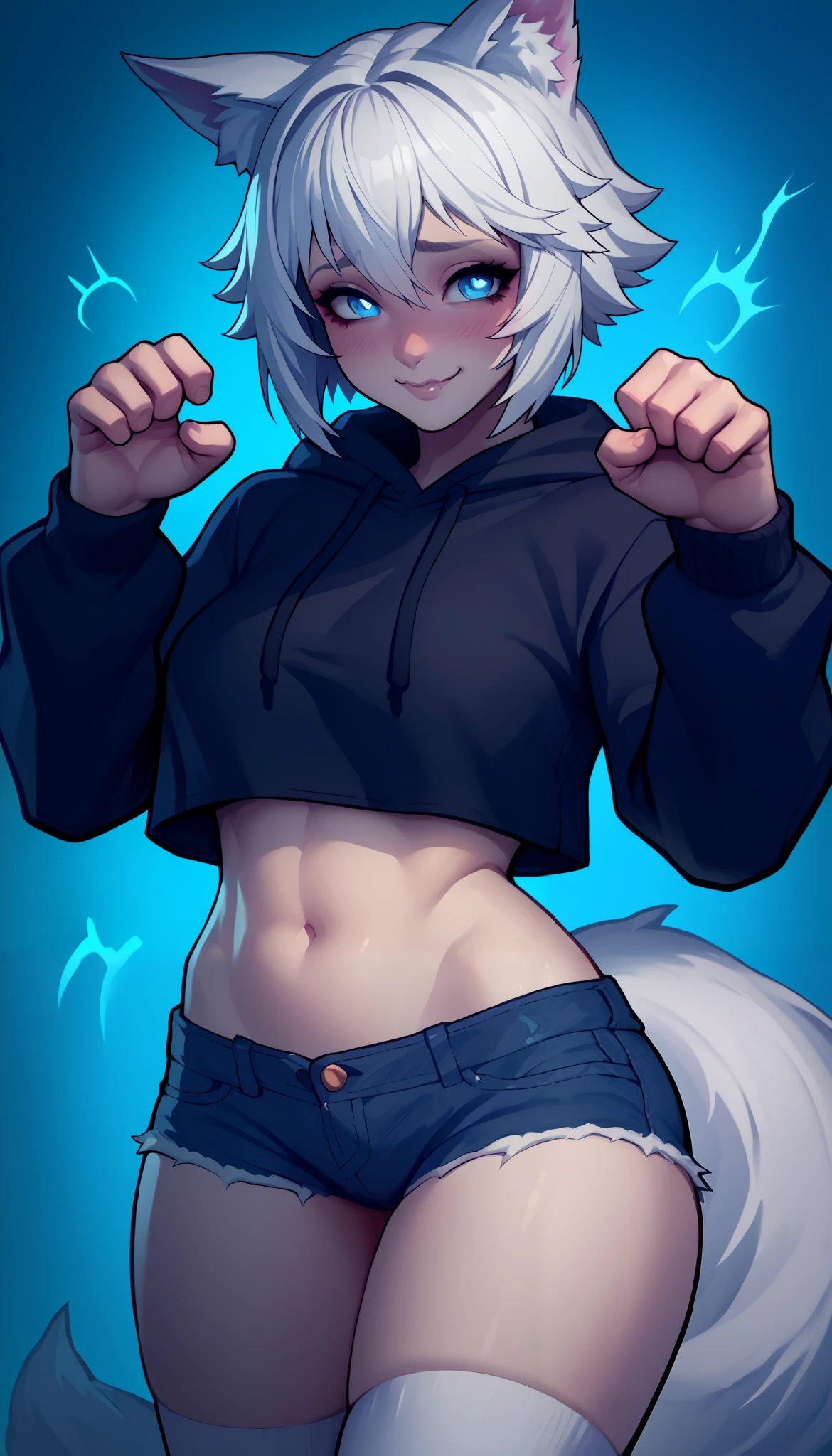 score_9_up, Expressiveh, wide smile, tomgirl, (with white hair, short punk hairstyle, half shaved hair style), (cute face expression, has glowing blue eyes), (wolf ears, wolf tail), action pose, (wearing denim short shorts and a cropped black hoodie), (thick thighs, wide hips), (wearing thigh high socks), solo, alone, showing belly, flat chest