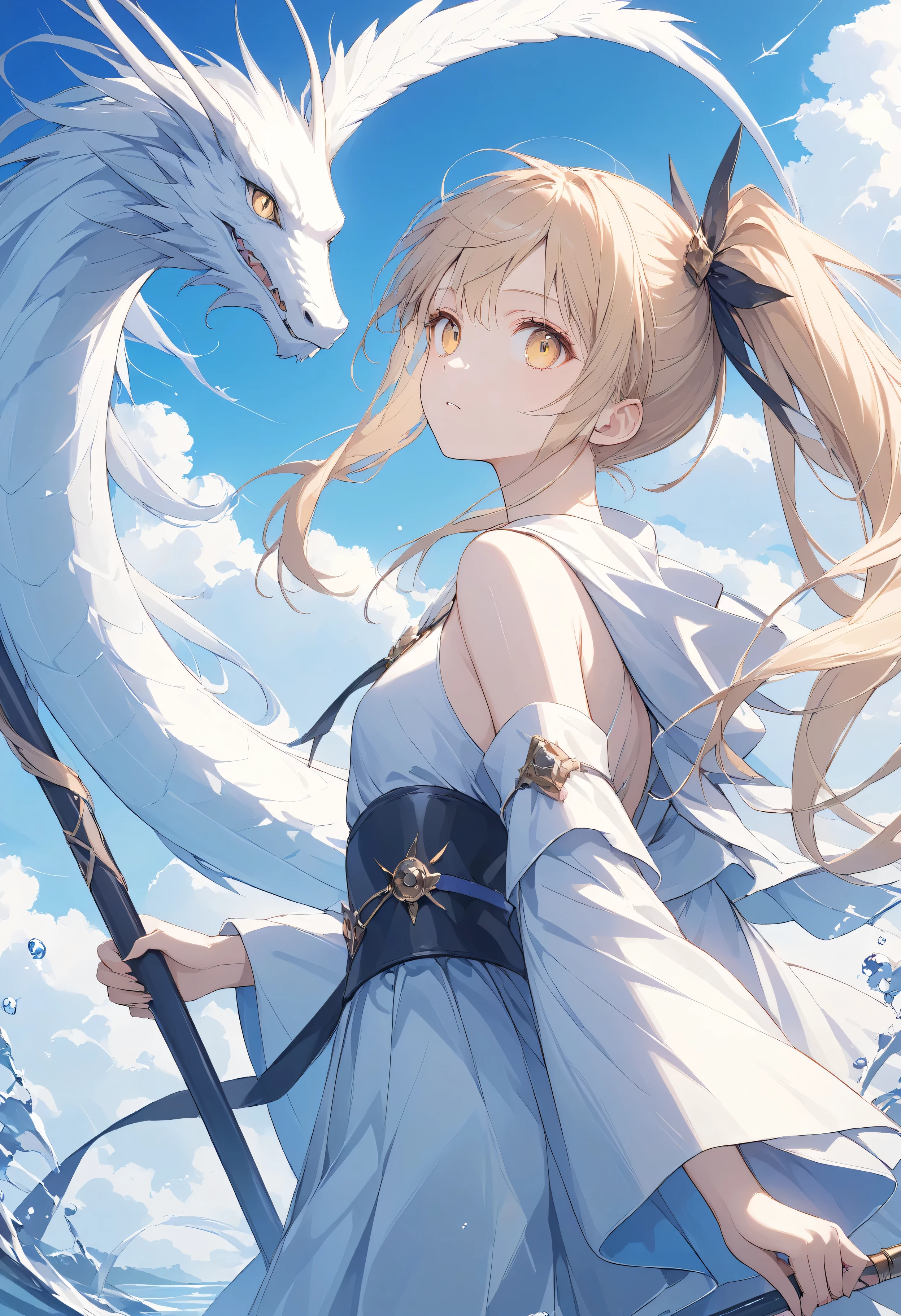 Masterpiece , High Quality , high definition , 16k, Makoto Shinkai illustration , detailed background, Hyperrealistic , cyber-enhanced female warrior , a slender girl , whole body, small breasts, beautiful face, has long eyelashes, white skin, golden eyes, big eyes, blonde twin tail , Beautiful Hair, beautiful skin , Magical Girl , Cane, white from Cane light, redhead wearing a wizard's robe , shining feathers on her back , Looking up to the right , water swirling like a dragon , Serious expression, Beautiful gardens, pretty flowers, Beautiful sky