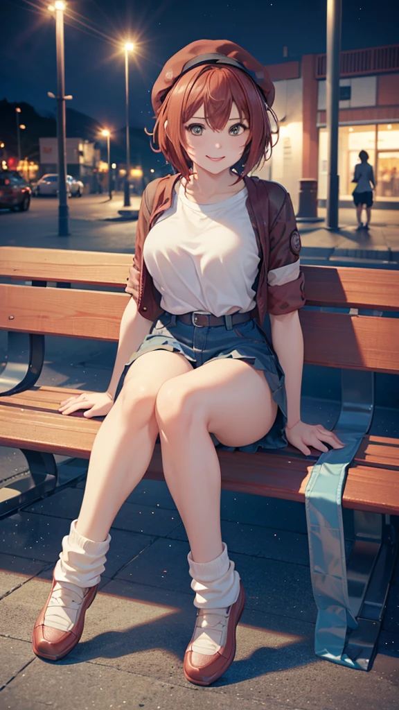 (1) A woman is sitting cross-legged on a bench. (2) The woman is a gal, with a ish face but heavy makeup. She has short red hair. (3) The woman is wearing a short t-shirt t and loose socks (4) The woman's expression is a smile. (5) The location is a park bench at night. diaphragm, (bright eyes:1.25), masterpiece, best quality, extremely detailed, High Quality, 4k, sharp focus, professional, sharp focus, awarded, cinematic lighting, octane rendering, Unreal Engine, volumetric dtx, wallpaper, (masterpiece, Superior quality: 1.2), anime style, Super detail, great lighting, (1 girl: 1.3), (High resolution:1.2),(​masterpiece、Premium:1.2) full body,very detailed eyes, Perfect face, very beautiful female body, large thighs, large chest, good lighting, cowboy shot, Alone, 1 girl, (((happy face))), sitting,dynamic pose, Red blood cell, Look at the spectators, Short red hair, brown eyes, short jeans, short t-shirt, shows the navel, Sports sneakers are white and light blue, white loose socks, mini skirt, no panties, vagina visible