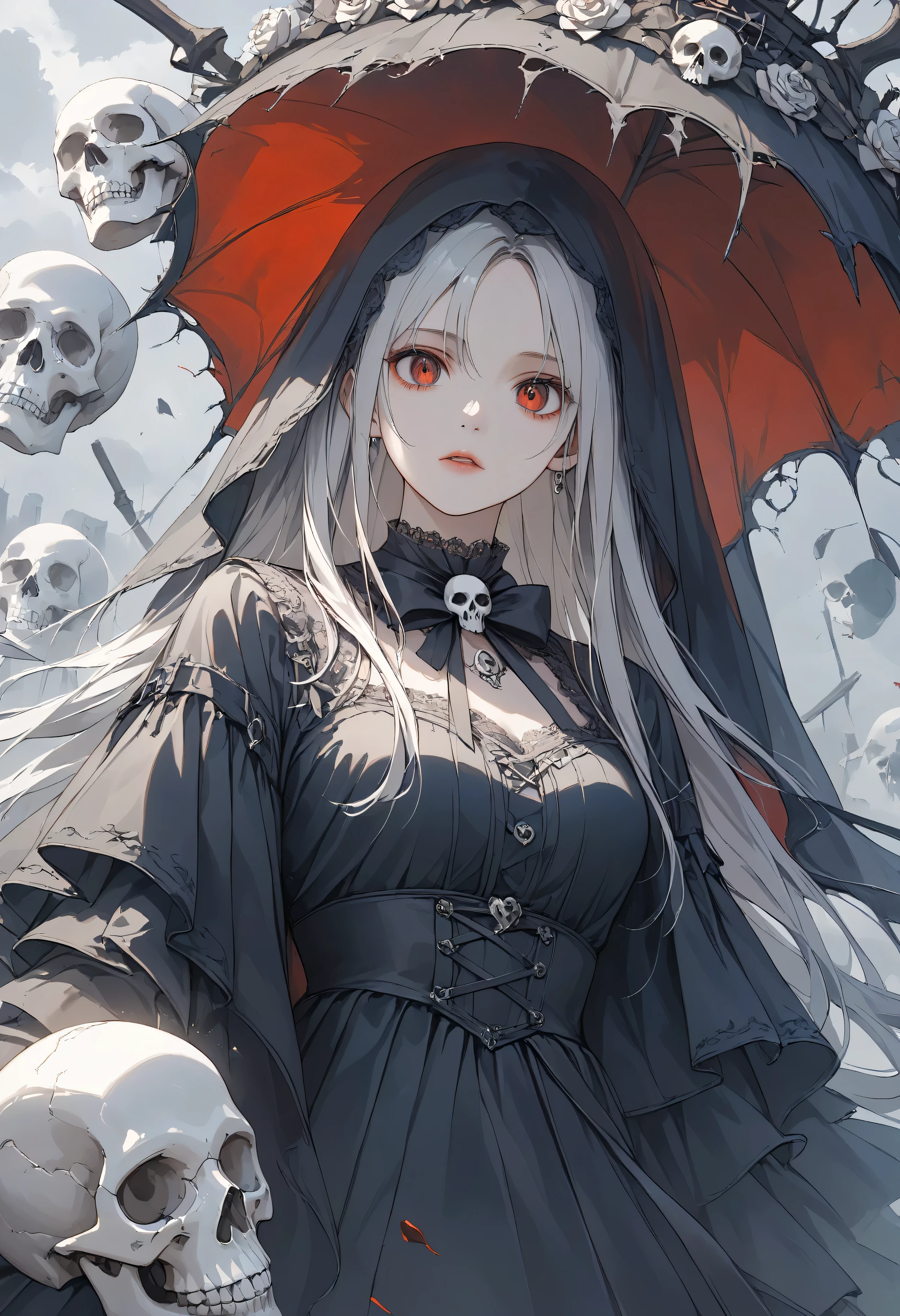  Masterpiece, High Quality, High Resolution, 16k, Animated, Detailed Background, Hyperrealistic, Digital Paint, Dark Fantasy, Horror, Hellish Worldview, Girl with white skull mask, floating in the air, Grim Reaper costume, torn in places, lace tights, white shiny Long hair, pitch black eyes, red eyes, long eyelashes, fair skin, holding a skull, lonely expression, desolate graveyard, floating skulls and evil spirits, deep fog, dark sky, dynamic angle, black light