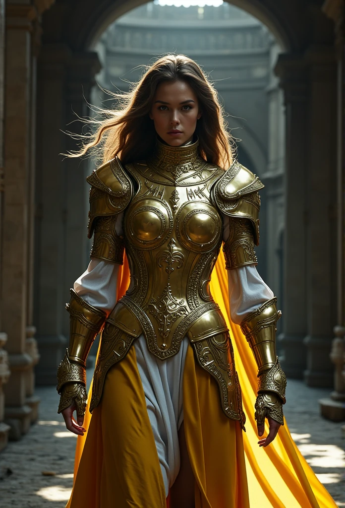 A brunette medieval witch in a yellow and white metal armor, in a gothic castle.